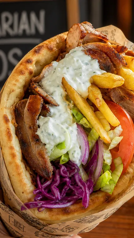 Frissen elkészített gyros pita a pultnál