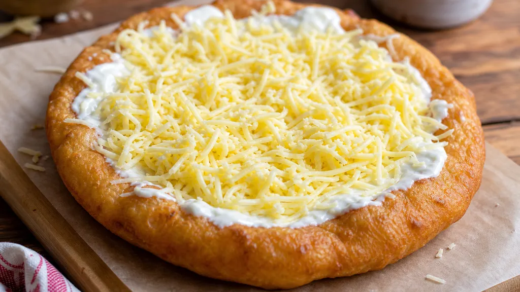 Frissen sütött, sajtos-tejfölös burgonyás lángos közelről
